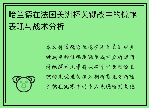 哈兰德在法国美洲杯关键战中的惊艳表现与战术分析