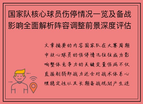 国家队核心球员伤停情况一览及备战影响全面解析阵容调整前景深度评估 国家队核心球员伤停情况一览及备战影响全面解析阵容调整前景深度评估