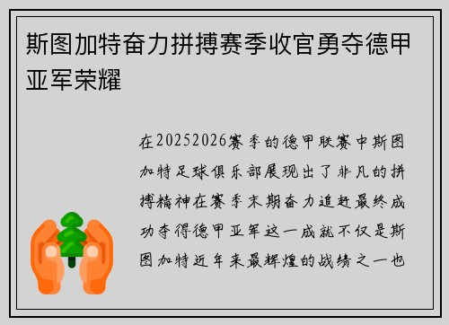 斯图加特奋力拼搏赛季收官勇夺德甲亚军荣耀